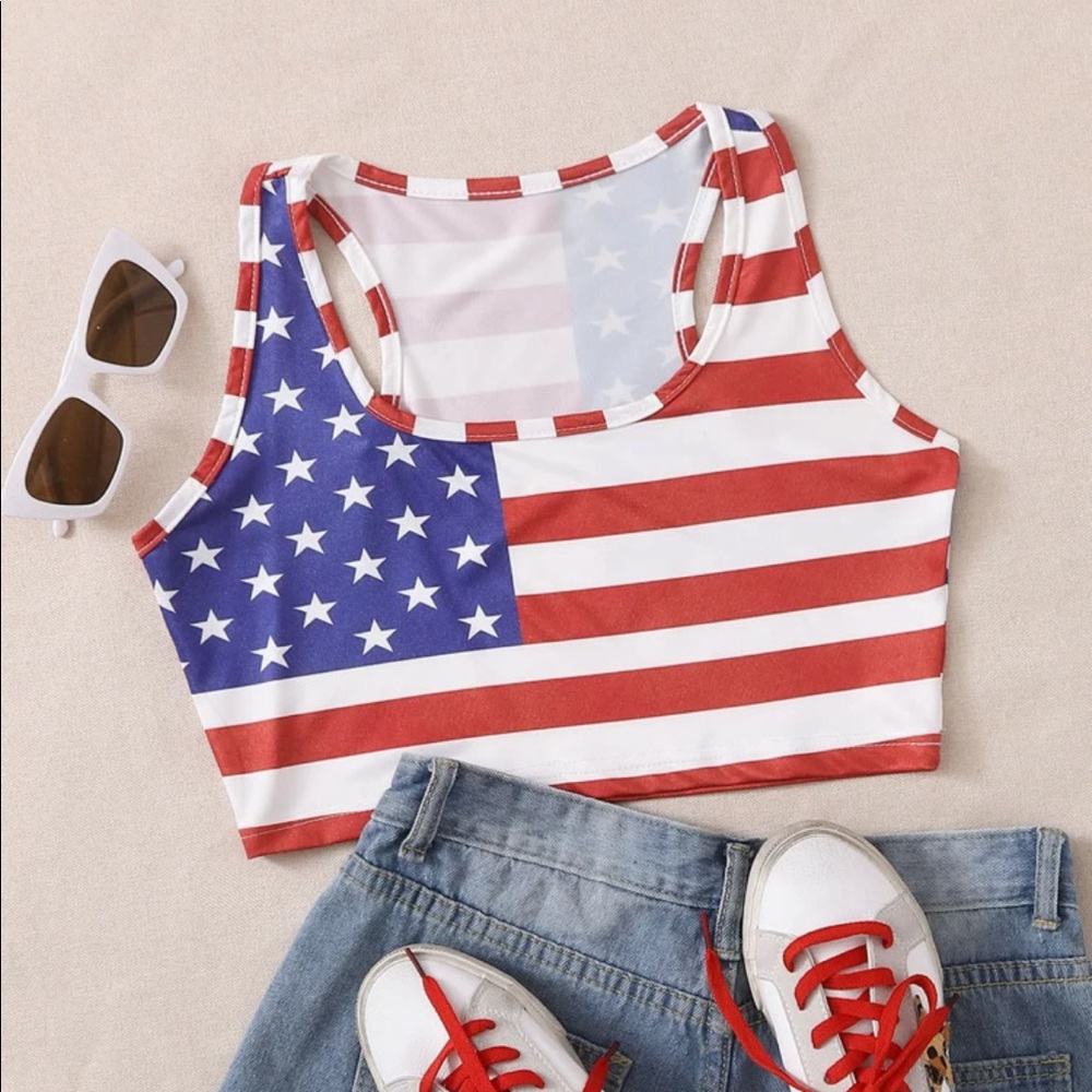 SHEIN Red White Blue American Flag Patriotic Crop Tank Top